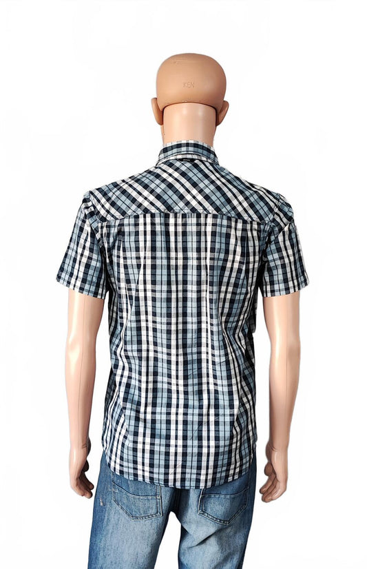 Vintage Bench Checked Short Sleeve Shirt Medium White Black Blue Y2K Retro 90s