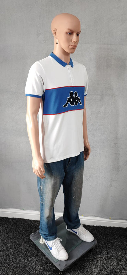 Vintage Kappa Sleeve Taping Polo Shirt White Blue Retro 90s Men's Size Small S