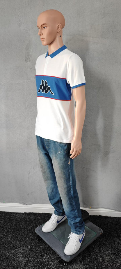 Vintage Kappa Sleeve Taping Polo Shirt White Blue Retro 90s Men's Size Small S