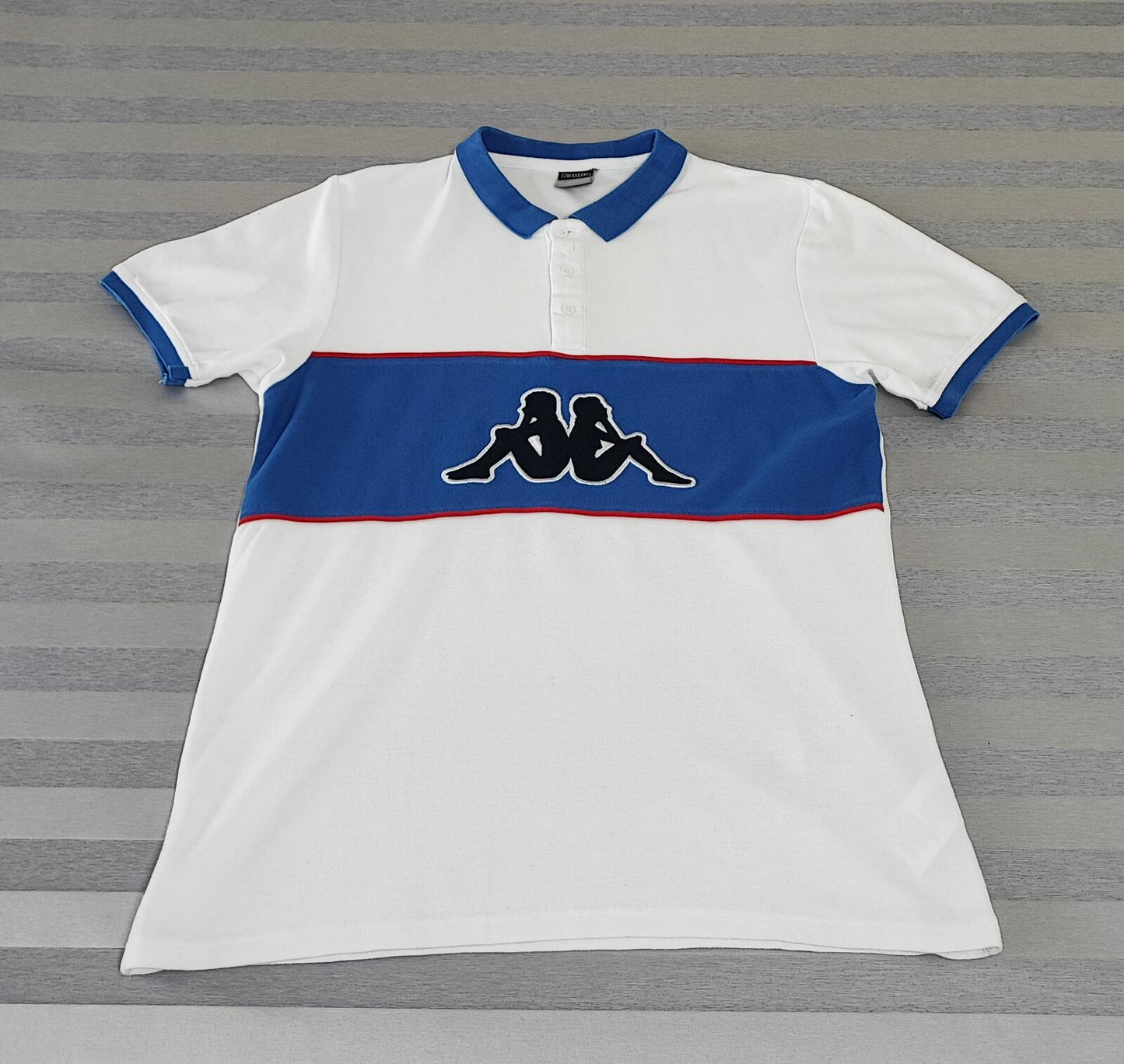 Vintage Kappa Sleeve Taping Polo Shirt White Blue Retro 90s Men's Size Small S