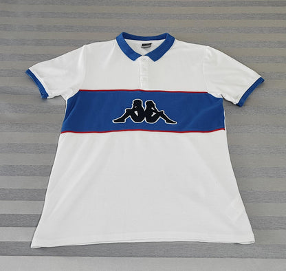 Vintage Kappa Sleeve Taping Polo Shirt White Blue Retro 90s Men's Size Small S