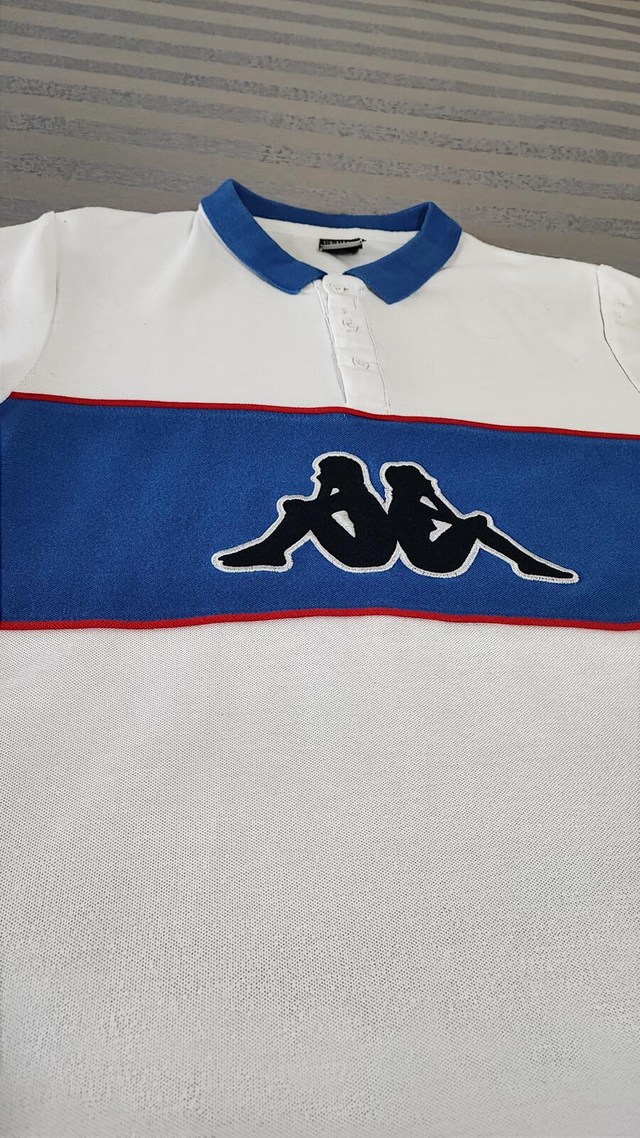 Vintage Kappa Sleeve Taping Polo Shirt White Blue Retro 90s Men's Size Small S