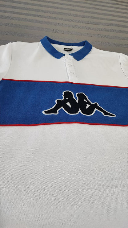 Vintage Kappa Sleeve Taping Polo Shirt White Blue Retro 90s Men's Size Small S
