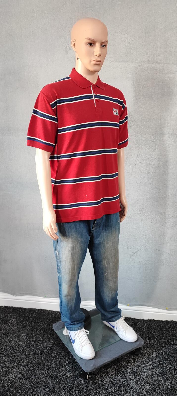 Vintage Reebok Embroidered Polo Shirt Red Blue Striped Retro 90s Men Size XL