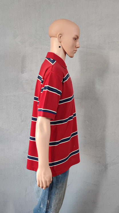 Vintage Reebok Embroidered Polo Shirt Red Blue Striped Retro 90s Men Size XL