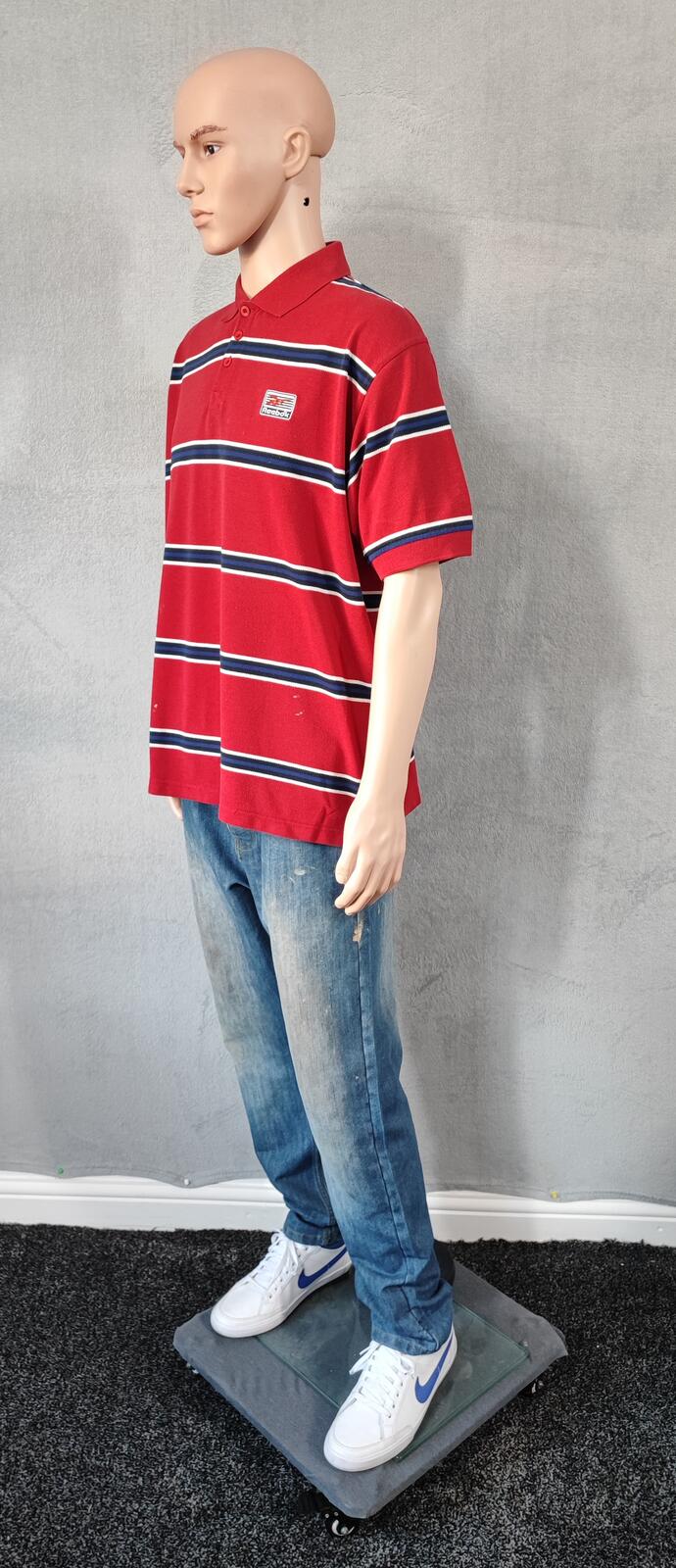 Vintage Reebok Embroidered Polo Shirt Red Blue Striped Retro 90s Men Size XL