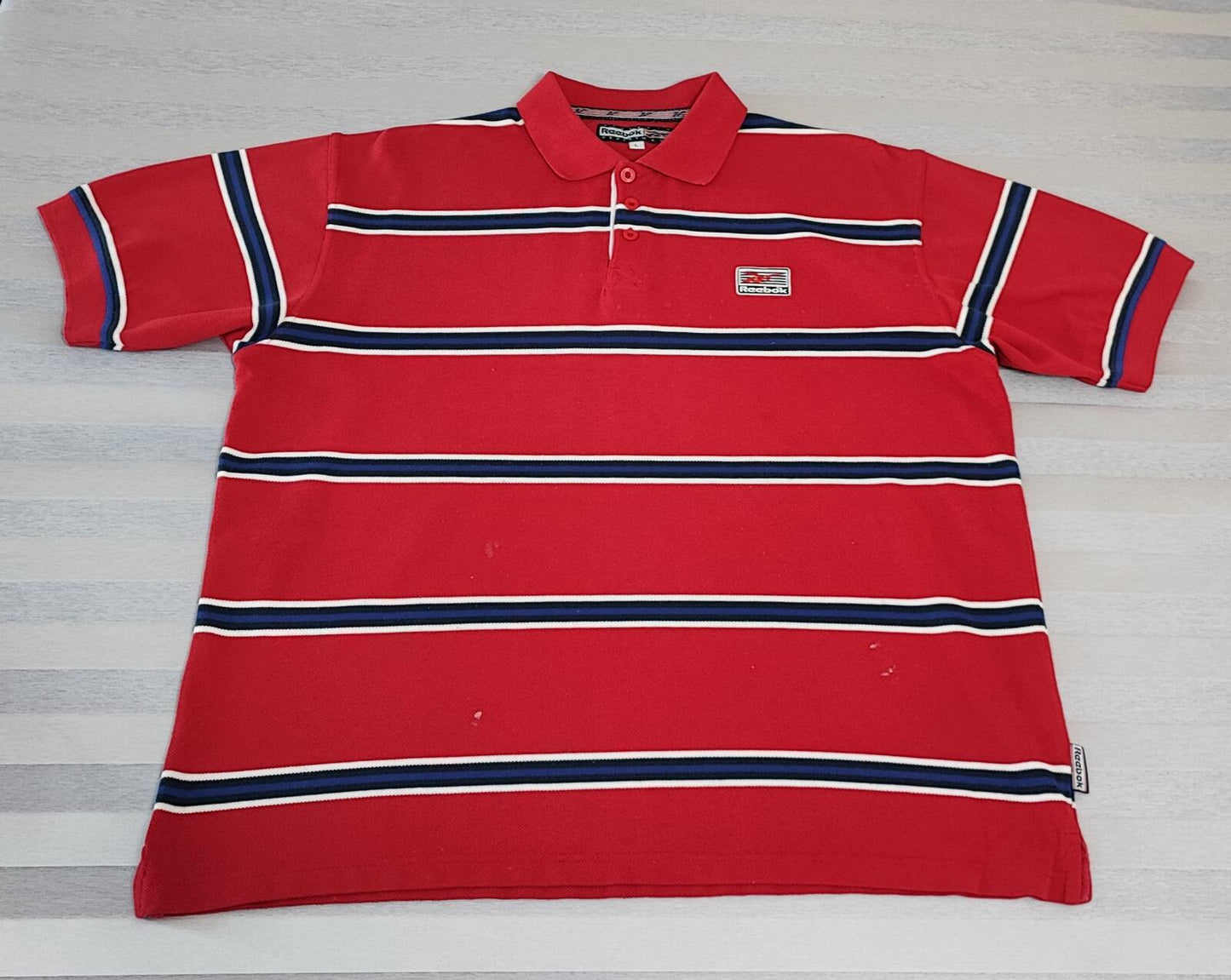 Vintage Reebok Embroidered Polo Shirt Red Blue Striped Retro 90s Men Size XL