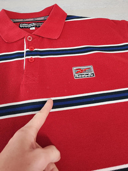 Vintage Reebok Embroidered Polo Shirt Red Blue Striped Retro 90s Men Size XL