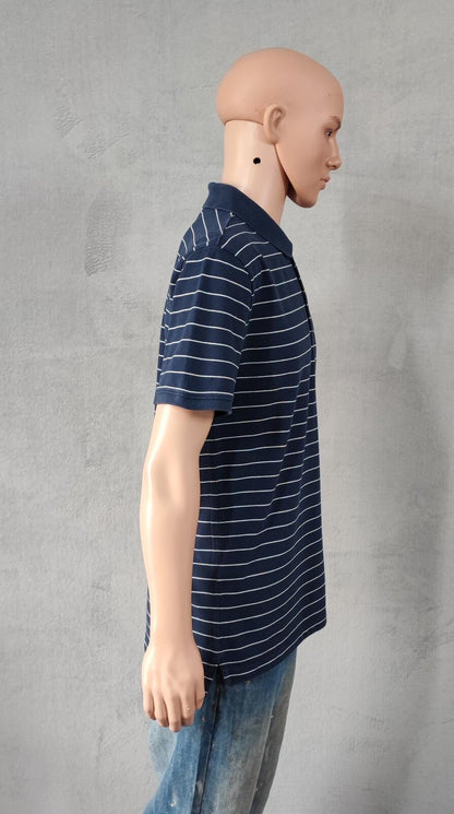 Vintage Tommy Jeans Striped Polo Shirt Navy Blue White Retro Y2K Men's Size M
