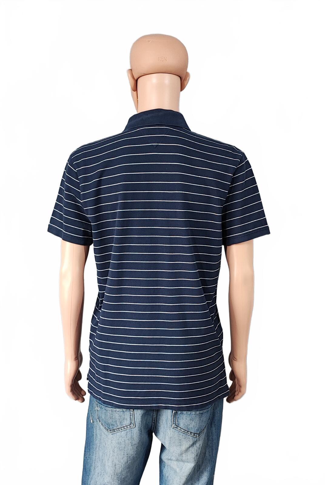 Vintage Tommy Jeans Striped Polo Shirt Navy Blue White Retro Y2K Men's Size M
