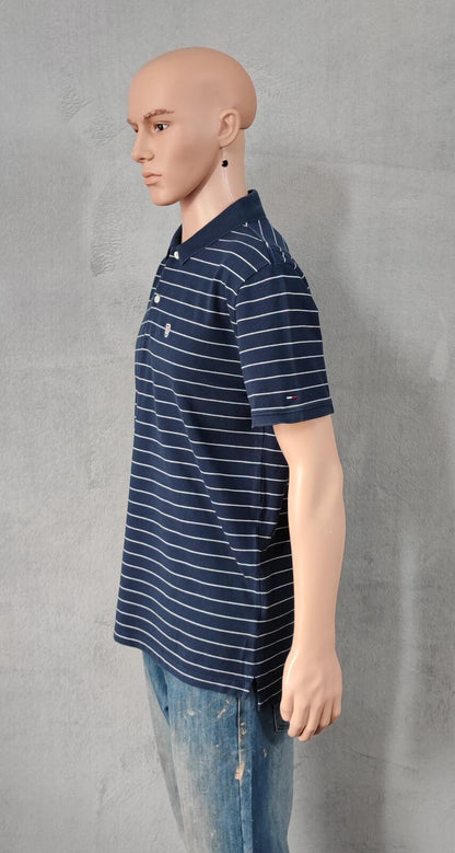 Vintage Tommy Jeans Striped Polo Shirt Navy Blue White Retro Y2K Men's Size M