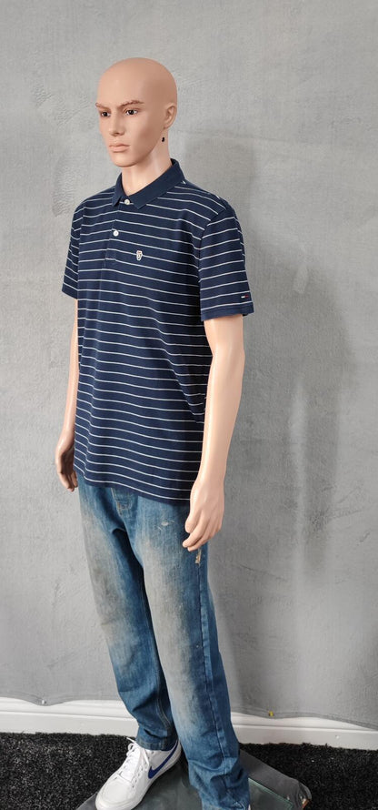 Vintage Tommy Jeans Striped Polo Shirt Navy Blue White Retro Y2K Men's Size M