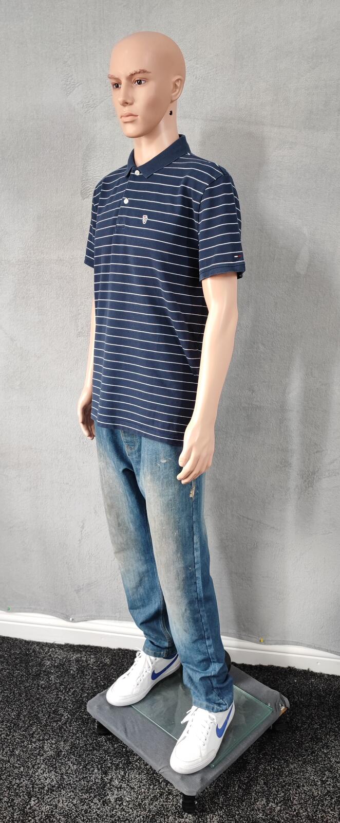 Vintage Tommy Jeans Striped Polo Shirt Navy Blue White Retro Y2K Men's Size M
