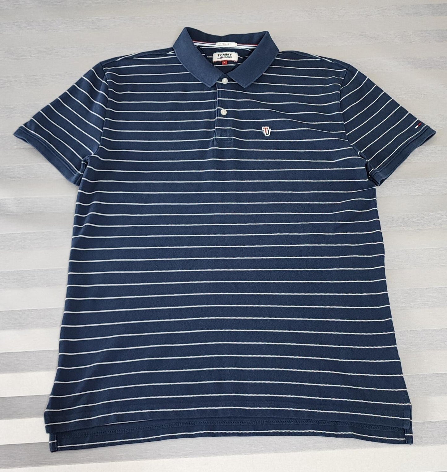 Vintage Tommy Jeans Striped Polo Shirt Navy Blue White Retro Y2K Men's Size M