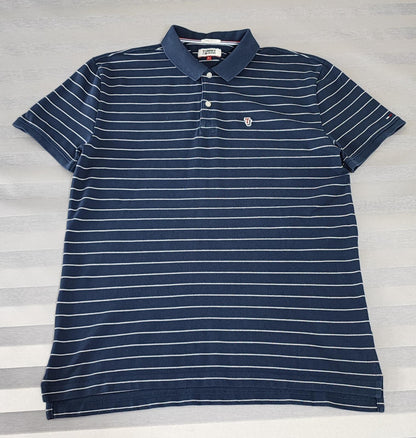 Vintage Tommy Jeans Striped Polo Shirt Navy Blue White Retro Y2K Men's Size M