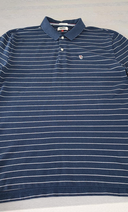 Vintage Tommy Jeans Striped Polo Shirt Navy Blue White Retro Y2K Men's Size M