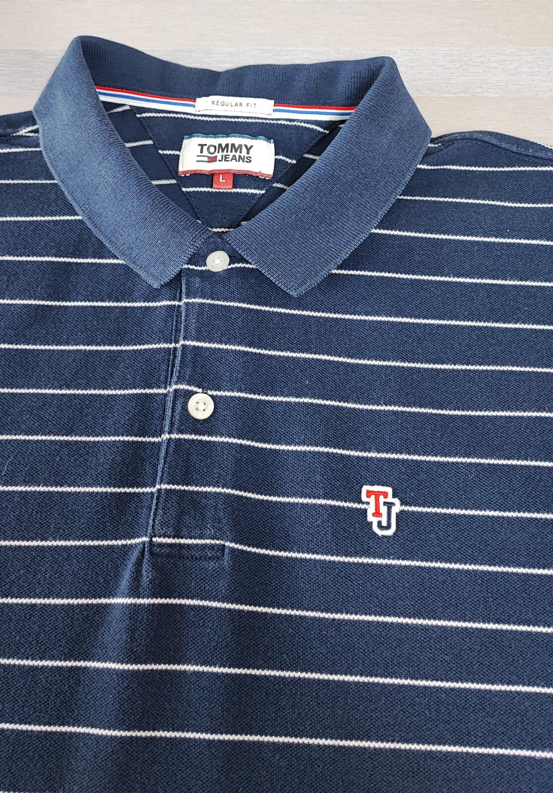 Vintage Tommy Jeans Striped Polo Shirt Navy Blue White Retro Y2K Men's Size M