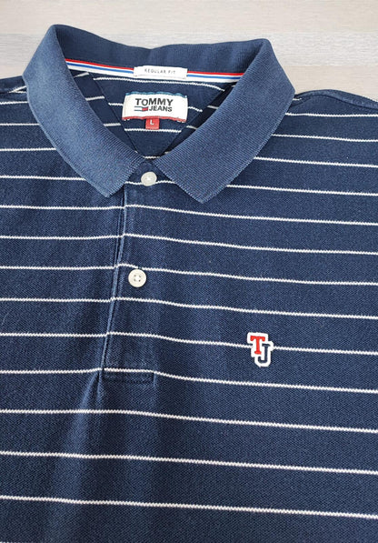 Vintage Tommy Jeans Striped Polo Shirt Navy Blue White Retro Y2K Men's Size M