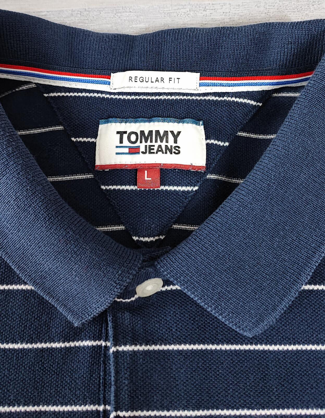 Vintage Tommy Jeans Striped Polo Shirt Navy Blue White Retro Y2K Men's Size M