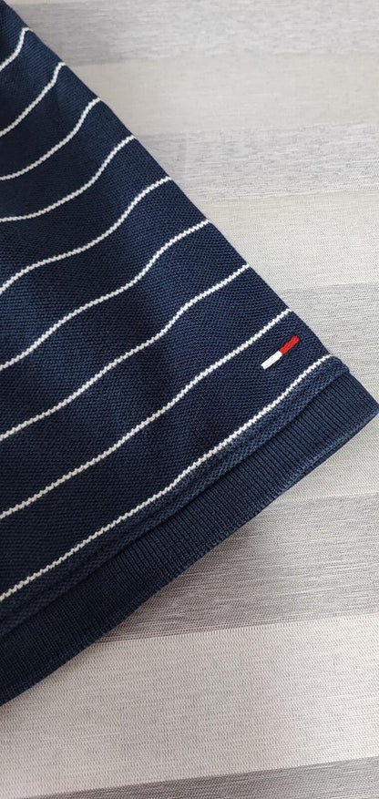 Vintage Tommy Jeans Striped Polo Shirt Navy Blue White Retro Y2K Men's Size M
