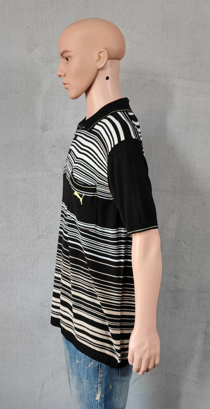 Vintage Puma Embroidered Logo Polo Shirt Black White Retro 90s Men's Size Large