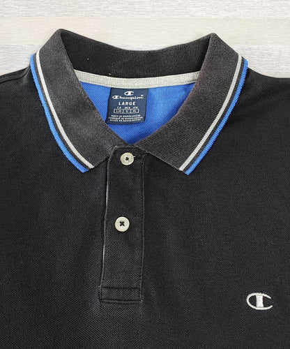 Vintage Champion Embroidered Logo Polo Shirt Faded Black Retro 90s Men's Size M