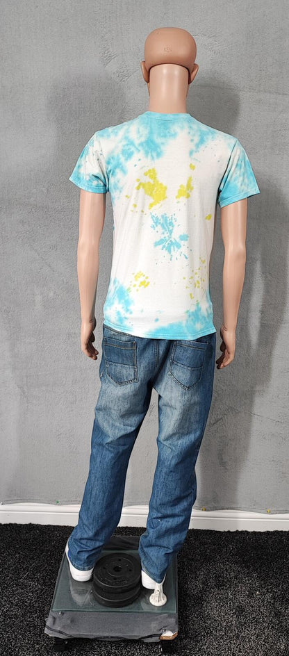 Vintage Hanes Psychedelic Tie Dye Graphic T-Shirt Blue Yellow Men's Size Medium M