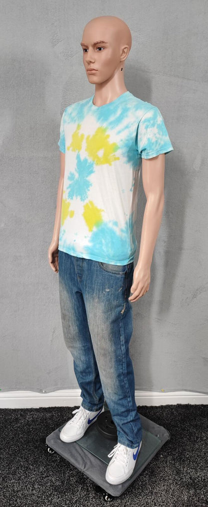 Vintage Hanes Psychedelic Tie Dye Graphic T-Shirt Blue Yellow Men's Size Medium M