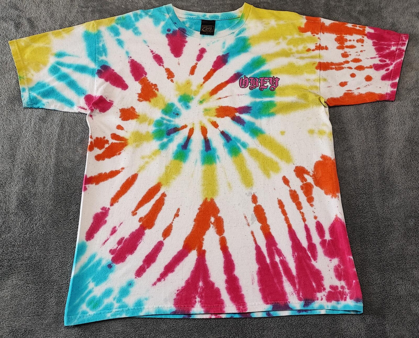 Vintage Obey Tie Dye Graphic T-Shirt Multicoloured Retro Y2K Men's Size Medium M