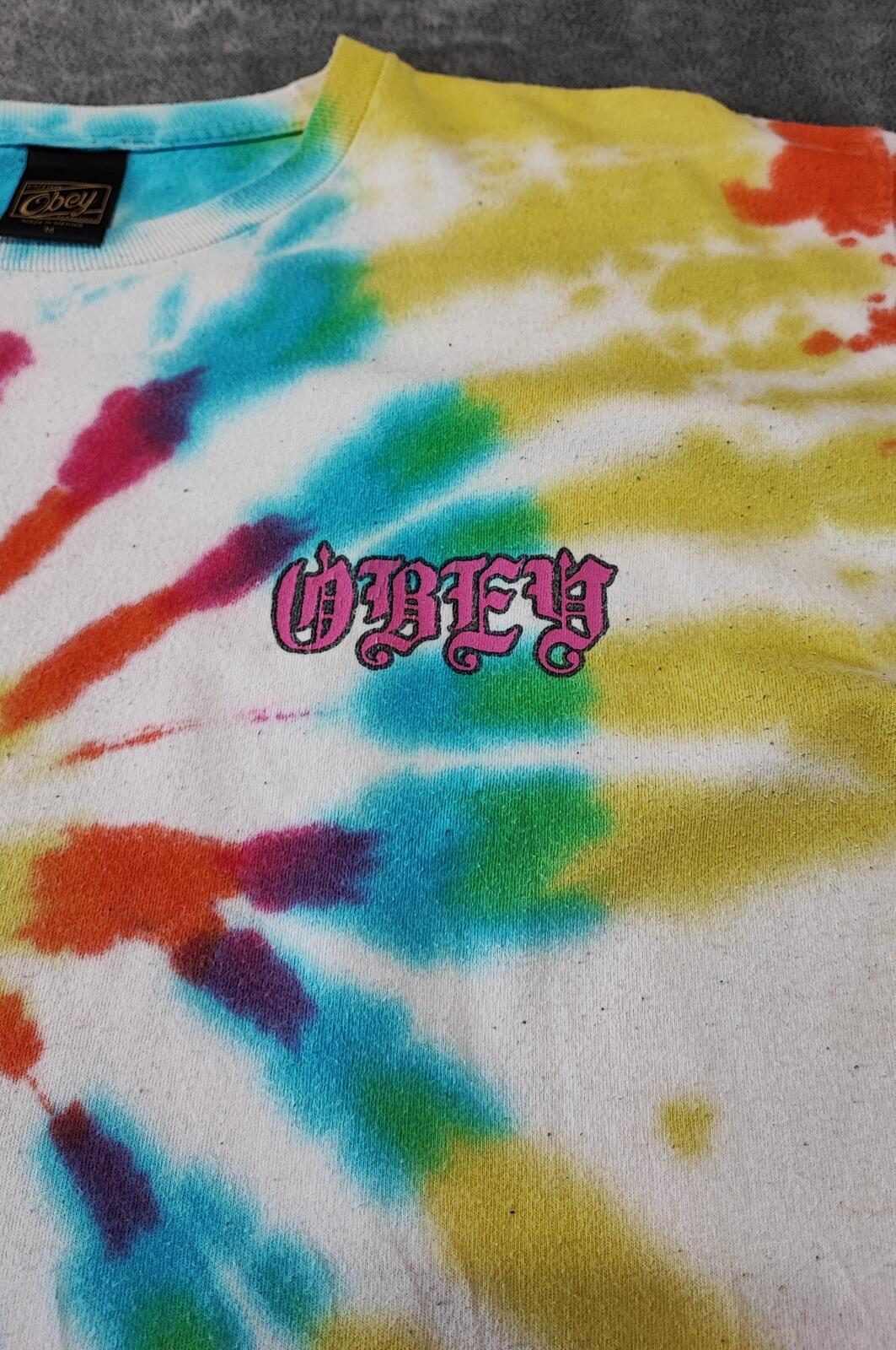 Vintage Obey Tie Dye Graphic T-Shirt Multicoloured Retro Y2K Men's Size Medium M