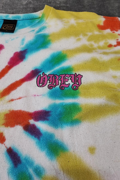 Vintage Obey Tie Dye Graphic T-Shirt Multicoloured Retro Y2K Men's Size Medium M