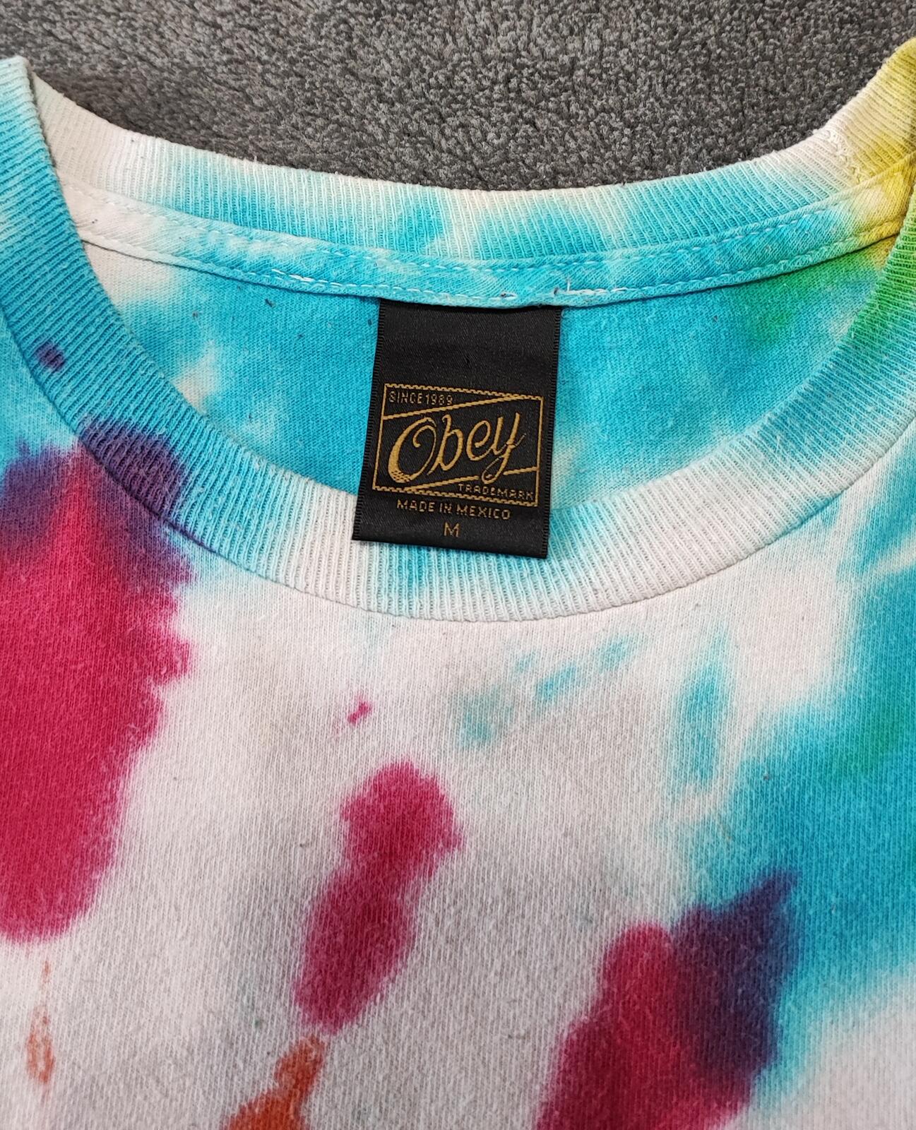 Vintage Obey Tie Dye Graphic T-Shirt Multicoloured Retro Y2K Men's Size Medium M