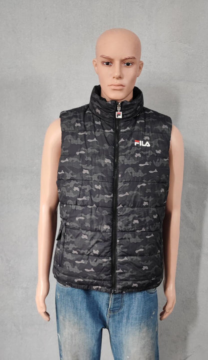 Vintage Fila Reversible Padded Gilet Vest Black Grey Camo Men Size Medium