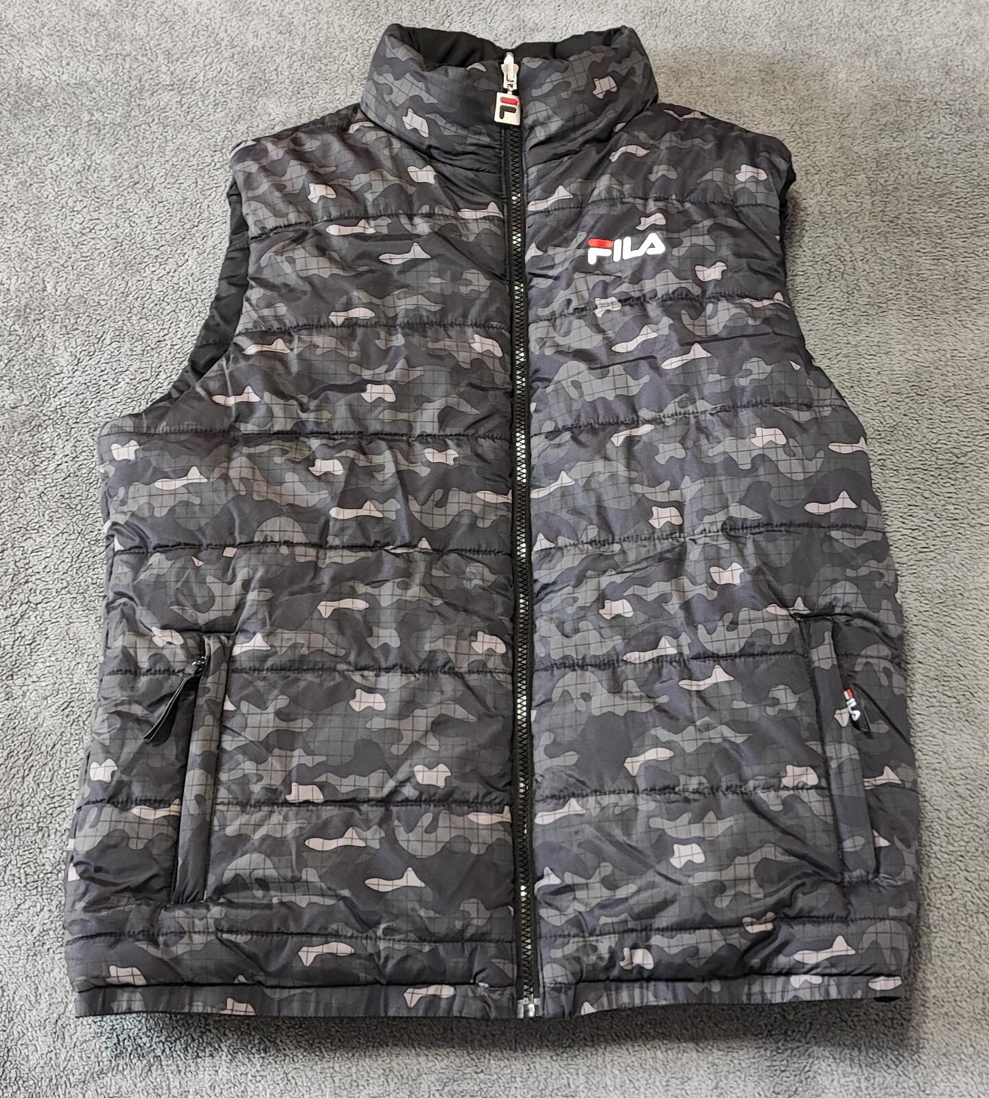Vintage Fila Reversible Padded Gilet Vest Black Grey Camo Men Size Medium