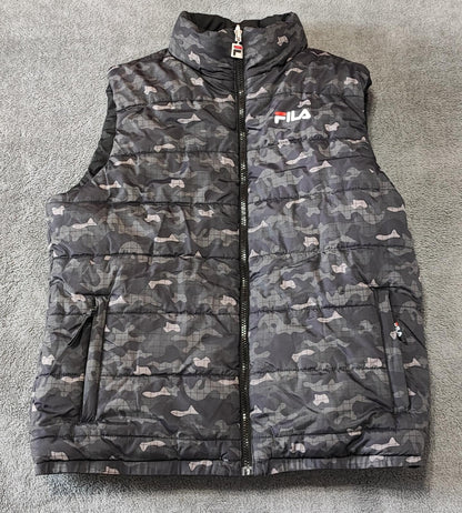 Vintage Fila Reversible Padded Gilet Vest Black Grey Camo Men Size Medium
