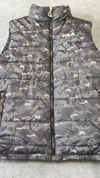 Vintage Fila Reversible Padded Gilet Vest Black Grey Camo Men Size Medium