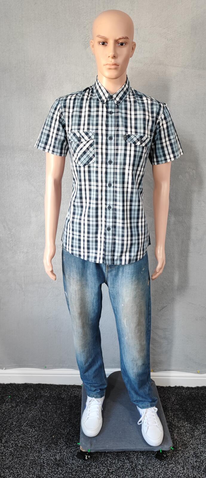 Vintage Bench Checked Short Sleeve Shirt Medium White Black Blue Y2K Retro 90s