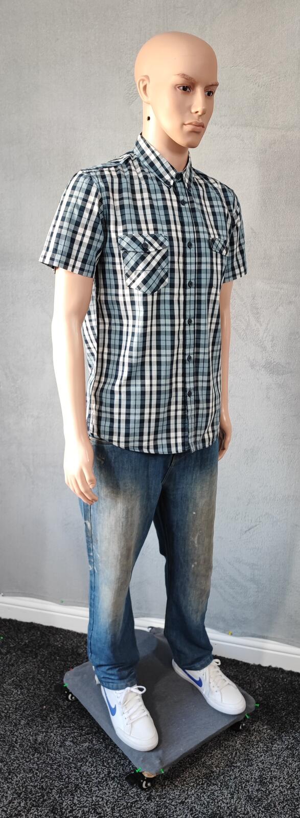 Vintage Bench Checked Short Sleeve Shirt Medium White Black Blue Y2K Retro 90s