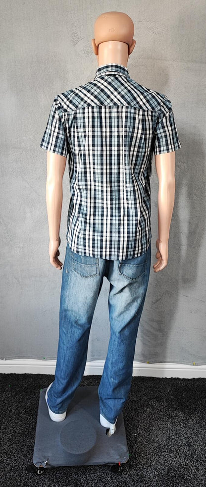 Vintage Bench Checked Short Sleeve Shirt Medium White Black Blue Y2K Retro 90s