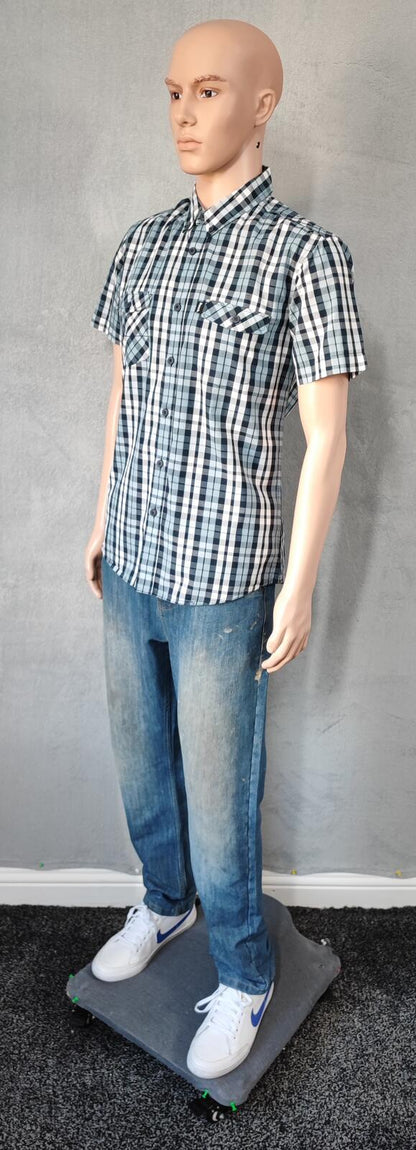 Vintage Bench Checked Short Sleeve Shirt Medium White Black Blue Y2K Retro 90s