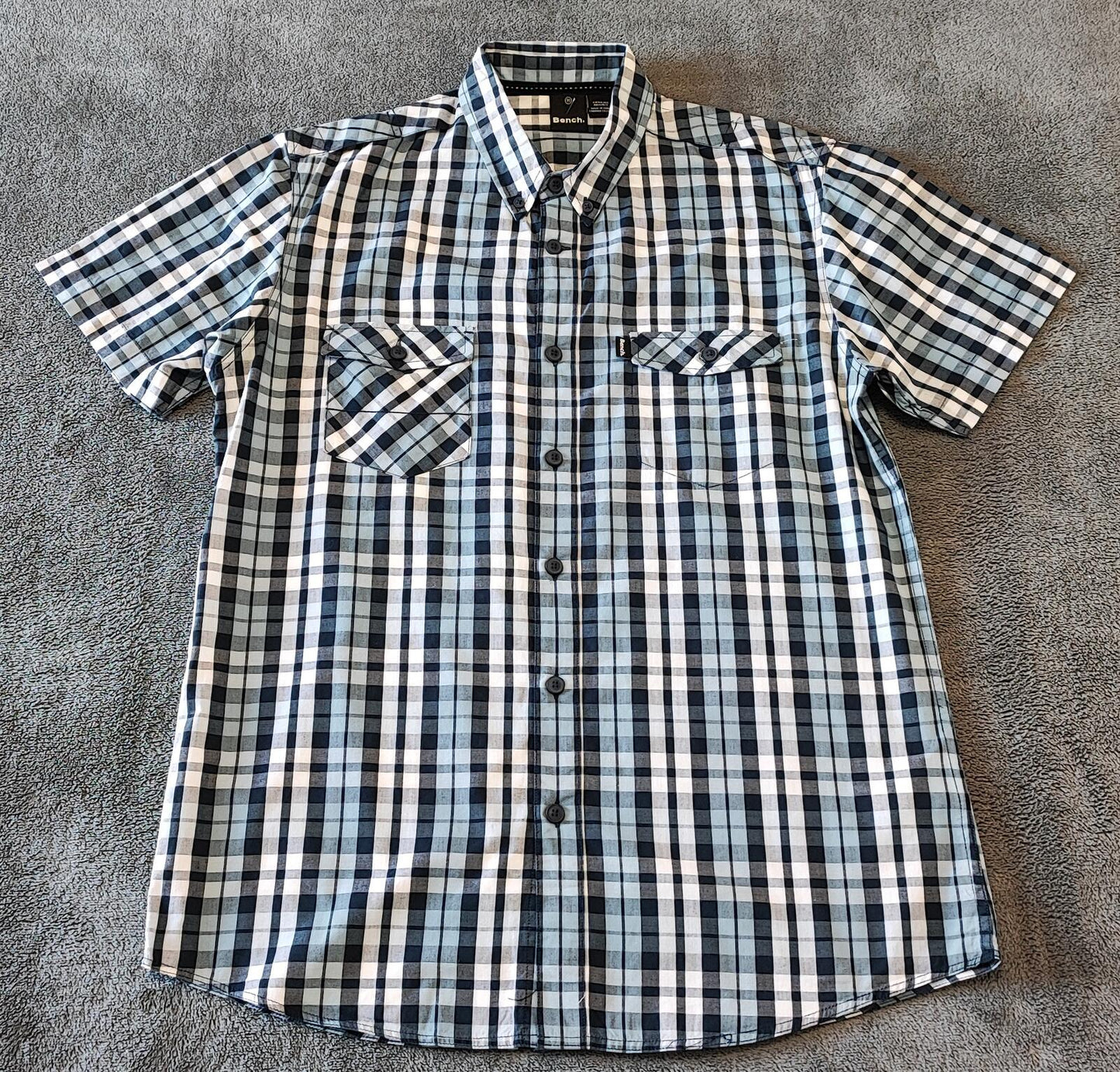 Vintage Bench Checked Short Sleeve Shirt Medium White Black Blue Y2K Retro 90s