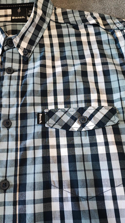 Vintage Bench Checked Short Sleeve Shirt Medium White Black Blue Y2K Retro 90s