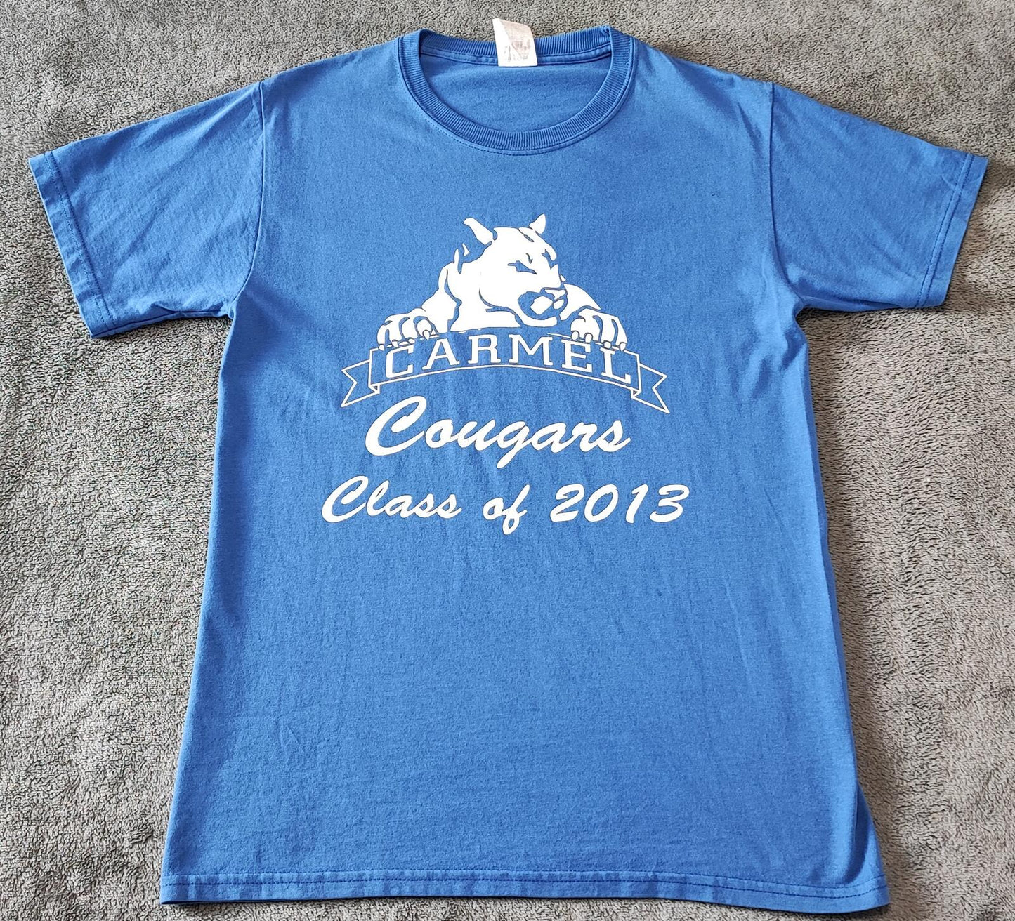 Vintage 2013 Carmel Cougars Graphic T-Shirt Faded Blue Retro Y2K Men's Size S