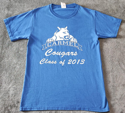 Vintage 2013 Carmel Cougars Graphic T-Shirt Faded Blue Retro Y2K Men's Size S