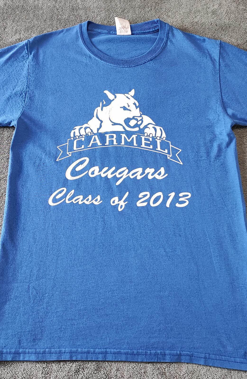 Vintage 2013 Carmel Cougars Graphic T-Shirt Faded Blue Retro Y2K Men's Size S