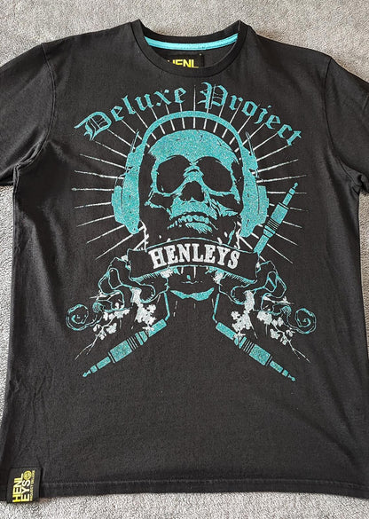 Vintage Henleys Skull Graphic T-Shirt Black Retro Y2K Men's Size Small S
