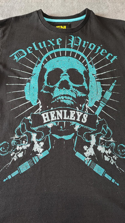 Vintage Henleys Skull Graphic T-Shirt Black Retro Y2K Men's Size Small S