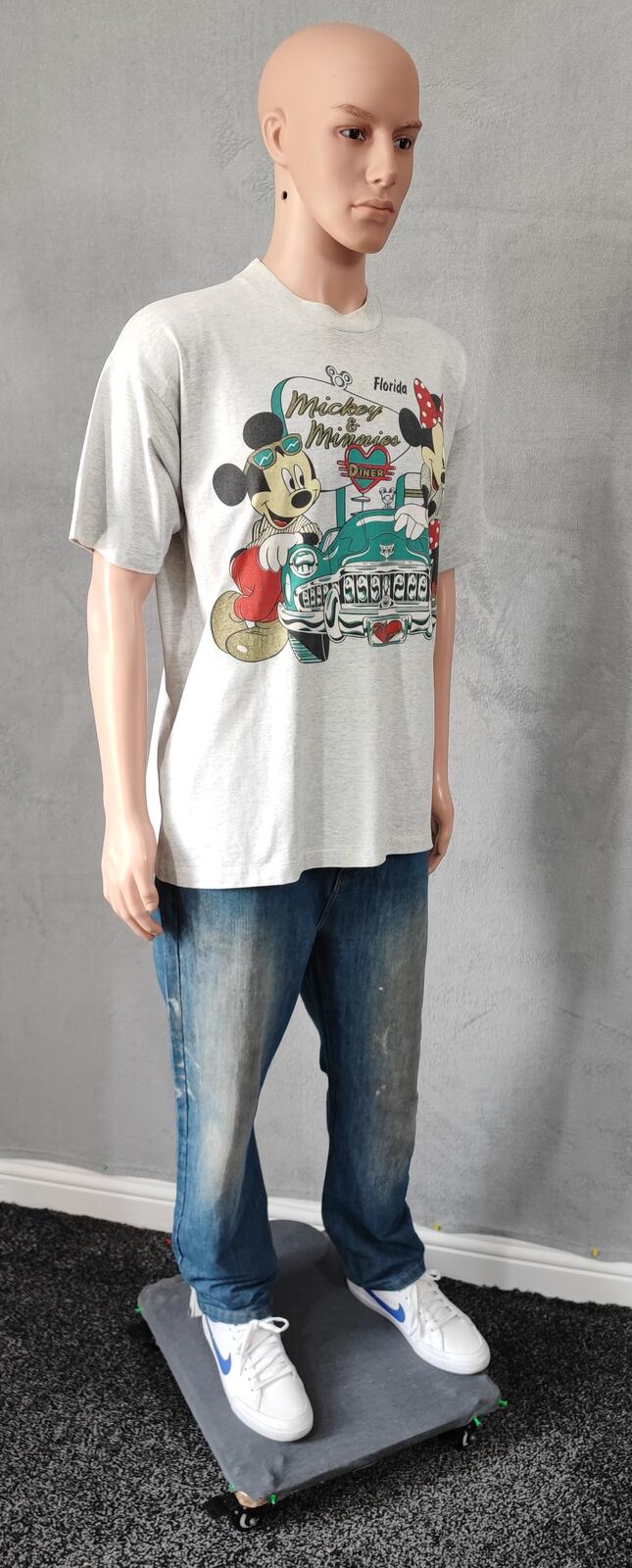 Vintage Disney Mickey Minnie Graphic T-Shirt Light Grey Retro 90s Men's Size XL