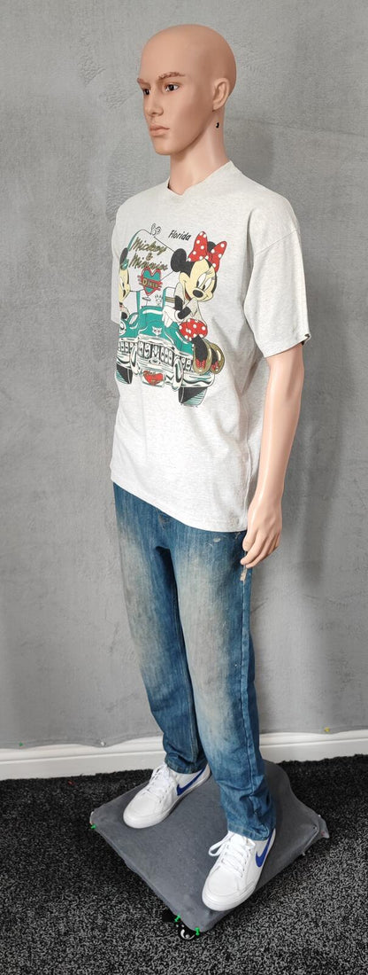 Vintage Disney Mickey Minnie Graphic T-Shirt Light Grey Retro 90s Men's Size XL