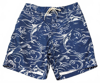 Vintage Nautica Navy Blue Marlin Fish Swim Shorts Preppy Coastal Trunks W32